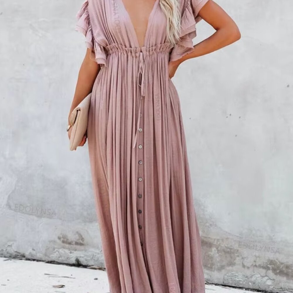 Pocketed Button Down Ruffle Maxi Dress in Blush
